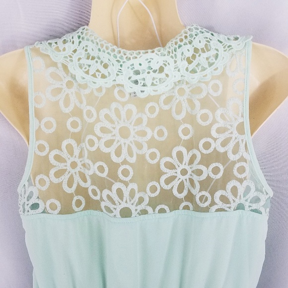 Pinky Mint Green Lace Sheer Collar Pleated Dress M - Picture 5 of 7